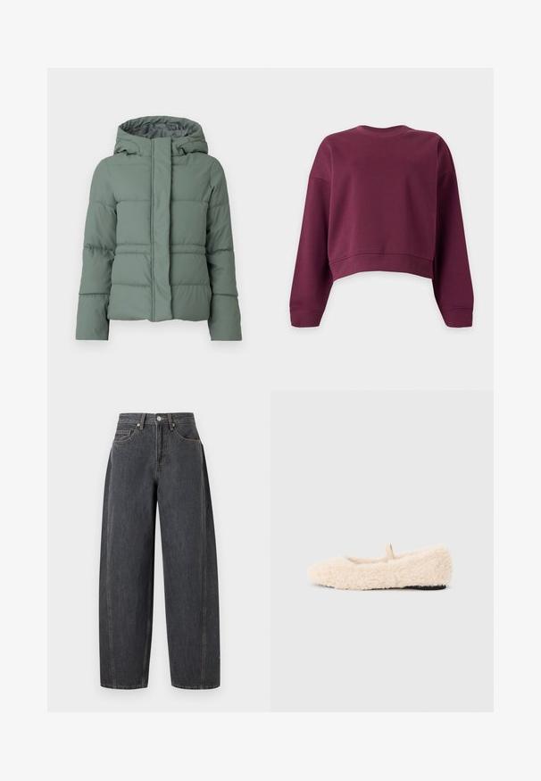 Veste matelassée verte avec capuche, présentant un design matelassé, une fermeture éclair à l'avant et une texture lisse. Convient pour les temps froids.; Sweat-shirt court à manches longues et col rond, de couleur bordeaux foncé uni, avec poignets et ourlet côtelés.; Jean en denim noir taille haute avec jambes larges, poches avant, passants de ceinture et fermeture par bouton métallique sur un fond uni.; Chausson doux, de couleur crème, avec une texture moelleuse, un bout arrondi, un design minimal et une petite boucle en tissu à l'arrière pour un enfilage facile.