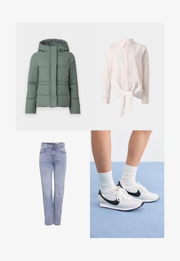 Roheline pufjakate kapuutsiga, millel on koosoleku kujundus, esime zipper sulgemine ja sile tekstuur. Sobib külma ilma jaoks.; Kerge roosa pikakätiseeliku särk, millel on krae ja sidumisega esiosa. Vasakul küljel on väike tasku. Taust on ühtlane valge.; Heledad sinine otsejalgsed teksad, mis on valmistatud denimist ja millel on nööbi kinnitussüsteem, viis taskut ning kerge kulumise efekt ees ja taga.; Valged võrgusilma tossud mustade aktsentidega, ümmargune varvas ja lame kummist talla. Kombineeritud ribakujuliste valgete sokkidega.