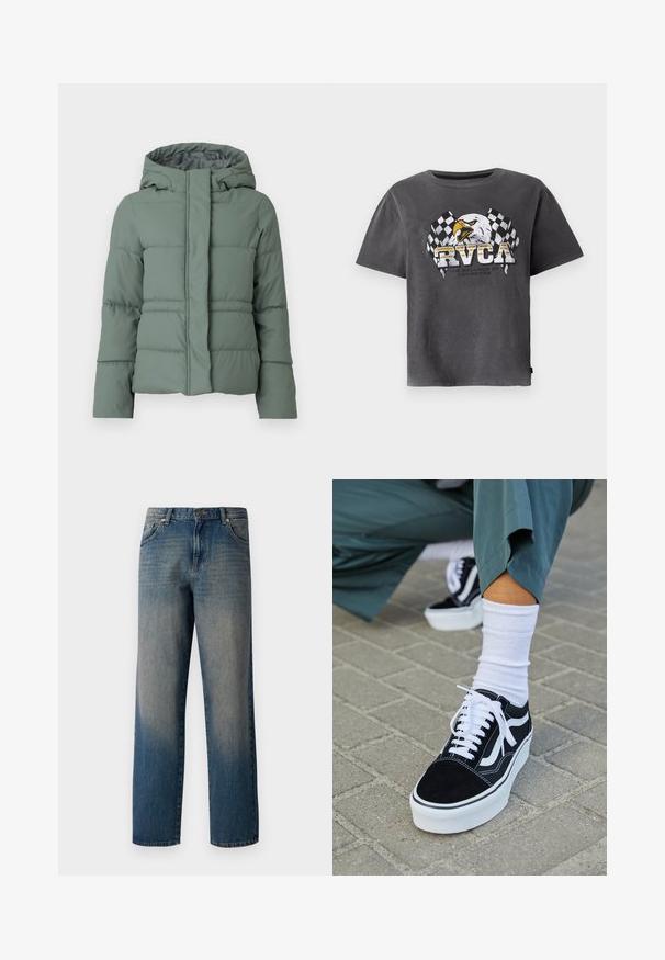 Chaqueta acolchada verde con capucha, con un diseño acolchado, cierre frontal con cremallera y textura suave. Adecuada para el clima frío.; Camiseta de algodón gris con mangas cortas que presenta un diseño gráfico de un águila y banderas a cuadros. El diseño incluye el texto "RVCA" y un eslogan debajo.; Vaqueros de mezclilla azul con un diseño de pierna recta, que presentan un desvanecimiento de oscuro a claro, estilo de cinco bolsillos y un cierre de botón en la cintura.; Zapatillas de ante negro con acentos y cordones blancos, que cuentan con una gruesa suela blanca y costuras en contraste, combinadas con un calcetín blanco.