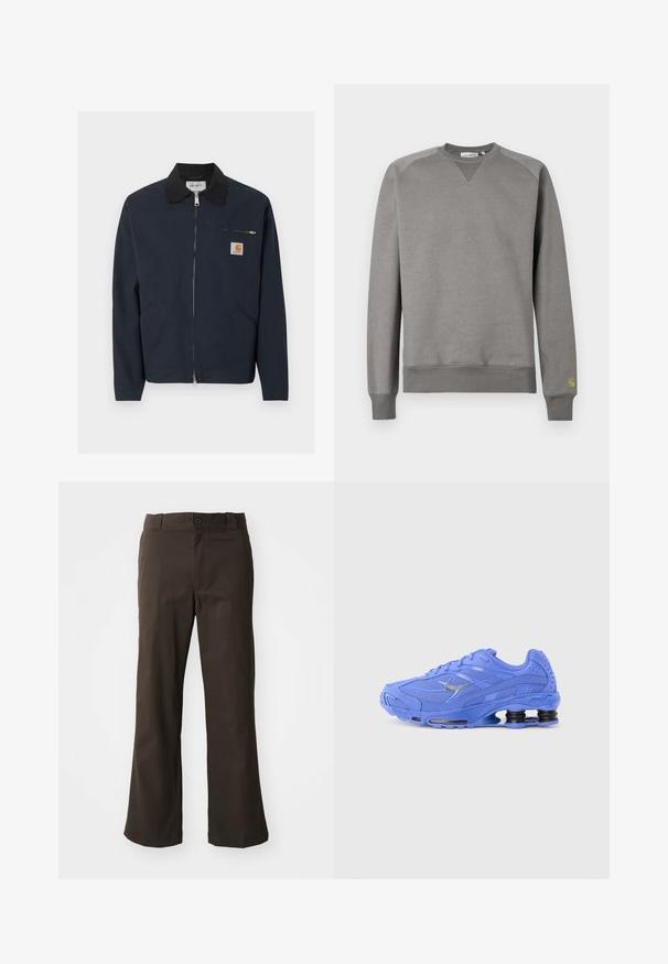 Veste zippée bleu marine foncé avec col noir, deux poches avant en biais et une petite poche poitrine zippée avec un patch logo Carhartt.; Sweatshirt gris en tissu doux. Comprend des poignets et un ourlet côtelés, un col rond, et un petit logo vert sur la manche gauche.; Pantalons marron évasés avec une texture lisse, dotés d'une fermeture à bouton à l'avant et de poches sur les côtés. Design simple et droit.; Chaussure de sport en mesh bleu avec une semelle épaisse, un swoosh Nike argenté, un col rembourré et un amorti de talon distinctif en forme de ressort.