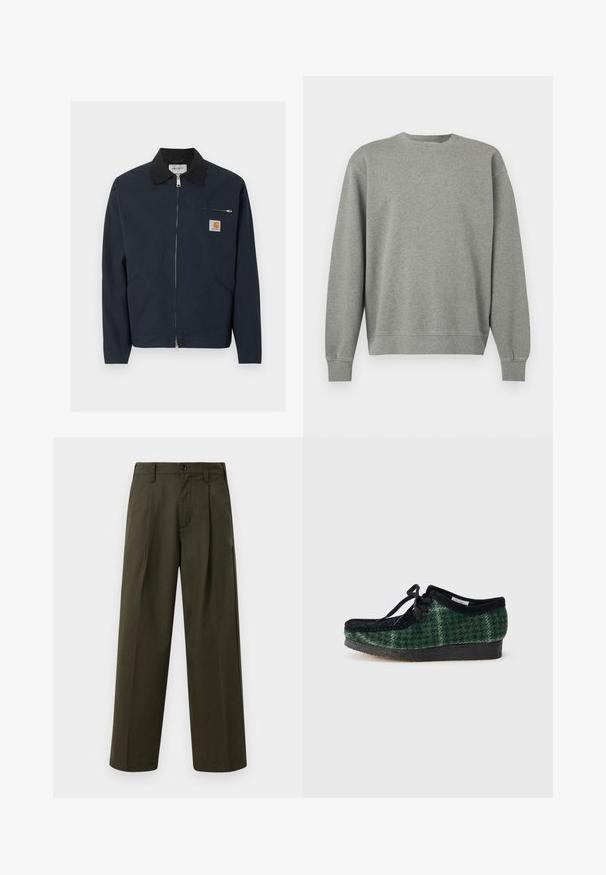 Dunkelblaue Zip-up-Jacke mit schwarzem Kragen, zwei schrägen Fronttaschen und einer kleinen Reißverschlusstasche auf der Brust mit einem Carhartt-Logo-Patch.; Einfarbiges graues Sweatshirt mit Rundhalsausschnitt, langen Ärmeln und gerippten Bündchen an Ärmeln und Saum, vor weißem Hintergrund präsentiert.; Olivgrüne weit geschnittene Hosen aus Baumwolle mit glatter Textur, ausgestattet mit einer Fronttasche, Gürtelschlaufen und einem einzigen Knopfverschluss.; Grüne und schwarze gemusterte Schuhe mit einem Obermaterial aus Wildleder, runder Zehenform, Schnürsenkeln und einer strukturierten Gummisohle.