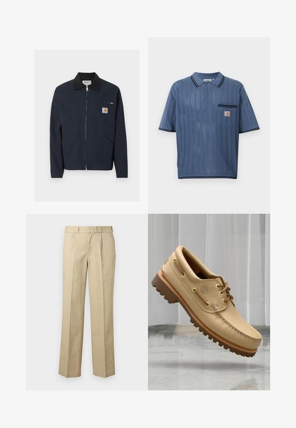 Veste zippée bleu marine foncé avec col noir, deux poches avant en biais et une petite poche poitrine zippée avec un patch logo Carhartt.; Polo en maille bleu avec rayures verticales ajourées, patte de boutonnage à trois boutons, poche poitrine avec logo Carhartt et bordures noires sur le col et les manches.; Pantalon droit beige avec passants de ceinture, plis devant et poches latérales sur un fond uni.; Chaussure bateau en cuir marron clair avec semelle épaisse et striée et détails de lacets, flottant au-dessus d'un sol en marbre et d'un fond de stores verticaux blancs.