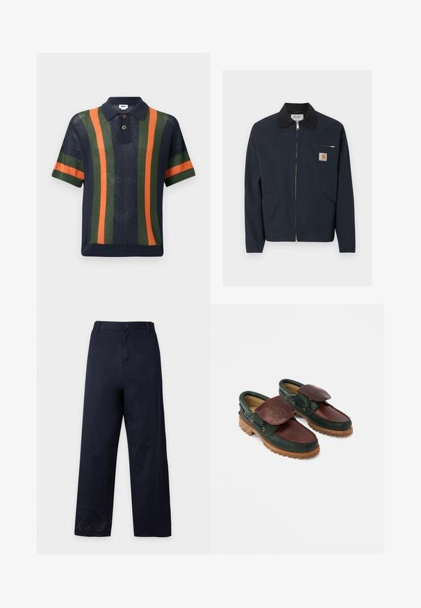 Veste zippée bleu marine foncé avec col noir, deux poches avant en biais et une petite poche poitrine zippée avec un patch logo Carhartt.; Polo en maille bleu marine à manches courtes avec des rayures verticales vertes et orange et deux boutons marron sur la patte de boutonnage.; Pantalon bleu marine à jambes droites avec fermeture par bouton et fermeture éclair, passants de ceinture et devant lisse.; Chaussures en cuir avec un corps vert foncé, un dessus bordeaux, un bout rond, un rabat sécurisé et une semelle en caoutchouc texturée avec des rainures.