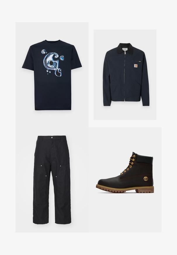 Chaqueta oscura de cremallera color azul marino con cuello negro, dos bolsillos frontales en ángulo y un pequeño bolsillo con cremallera en el pecho con un parche con el logo de Carhartt.; Camiseta de algodón negra con una letra "G" en estilo metálico brillante y burbujas en tonos de azul. Tienes mangas cortas y un ajuste clásico.; Pantalones negros de una tela texturizada, con una cintura alta, corte holgado y bolsillos frontales con herrajes de botón a presión en tono plateado.; Bota de cuero negro de tobillo con ojales dorados, acentos marrones y suela de goma. Presenta un cuello acolchado y un logotipo en relieve en el costado.