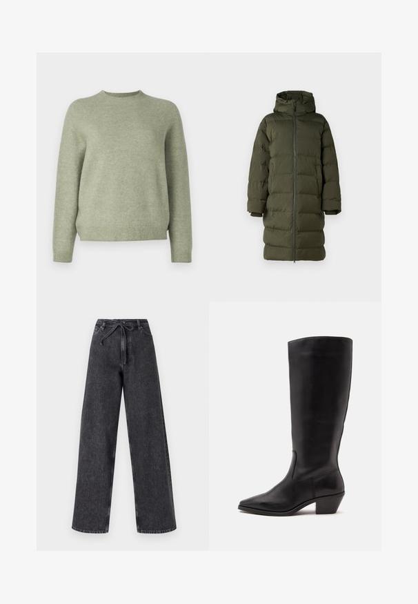 Manteau rembourré vert olive avec une capuche, doté d'un zip frontal intégral, d'un design matelassé et de manches à poignets. Tissu lisse et isolant.; DRYKORN PEMIRI - Pullover - green; Jean en denim noir taille haute et jambes larges avec une fermeture à cordon. Présente une texture délavée et des détails de couture subtils.; Botte en cuir noire mi-mollet avec un bout pointu et un talon bas incliné sur un fond clair uni.