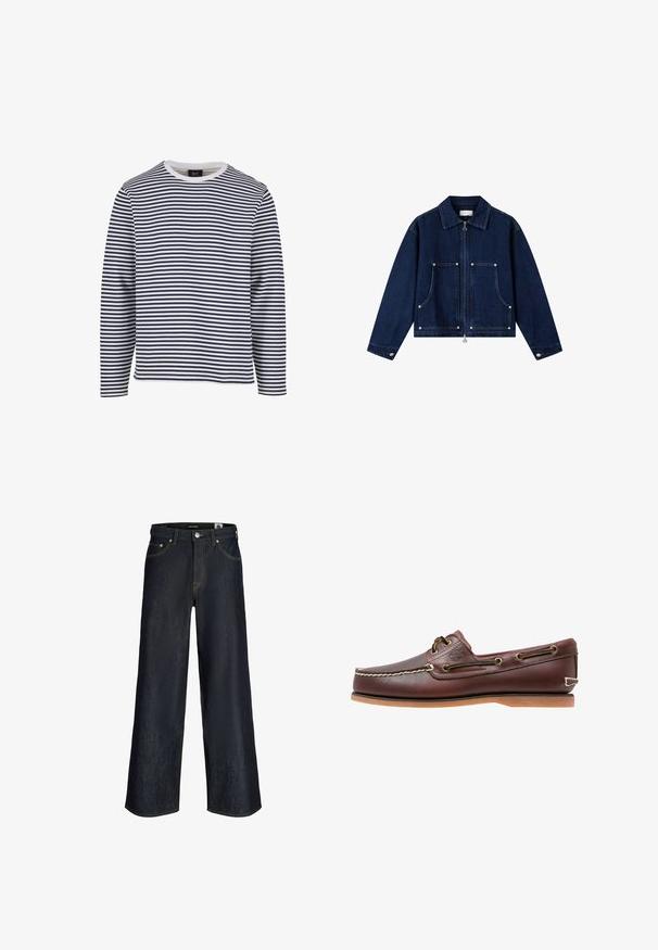 Chaqueta vaquera azul oscuro con mangas largas, cremallera frontal, dos grandes bolsillos delanteros y puños con botones.; Camisa de manga larga con rayas horizontales en azul marino y blanco, cuello redondo, material de algodón y corte relajado.; Jeans vaqueros de pierna ancha en azul oscuro con botón delantero, bolsillos y costuras naranjas visibles sobre fondo blanco.; Zapato náutico de cuero marrón con costuras blancas, detalles de cordones y suela de goma color coñac, mostrado de lado sobre un fondo blanco.