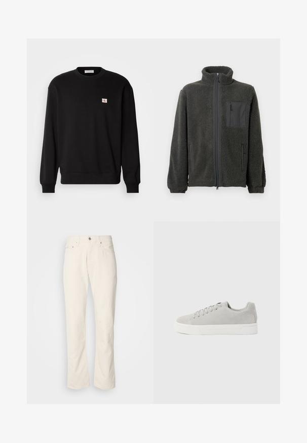 Donkergrijze fleecejas met volledige ritssluiting en staanderjas, ritsvak op de borst, elastische manchetten en twee zijzakken, tegen een effen achtergrond.; Zwarte katoenen crewneck sweatshirt met lange mouwen, voorzien van een klein, rechthoekig logo-patch op de borst en geribbelde manchetten.; Beige katoenen jeans met een klassiek recht model, met een knoopsluiting aan de voorkant, vijf zakken en subtiele stikdetails.; Lichtgrijze suède lage sneaker met witte rubberen zool en bijpassende grijze veters, vanaf de zijkant weergegeven op een effen achtergrond.
