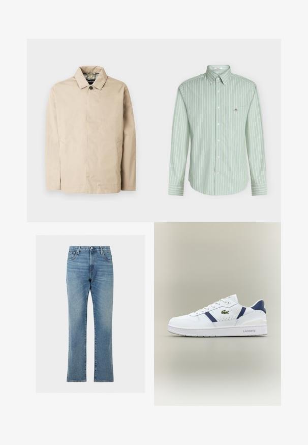 Beige leichte Jacke mit einem Kragen, vorderer Knopfleiste, zwei Seitentaschen und einem karierten Futter.; Hellgrünes Hemd mit langen Ärmeln, weißen vertikalen Streifen, Brusttasche, Button-Down-Kragen und weißen Knöpfen vorne.; Blaue Straight-Leg-Denim-Jeans mit Taschen vorne und hinten, Knopfverschluss und Gürtelschlaufen.; Weiße Lacoste-Sneaker mit marineblauen Akzenten, grünem Krokodil-Logo, Schnürdesign und markierten Sohlen auf neutralem Hintergrund.
