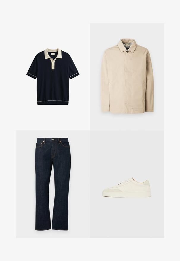 Veste légère beige avec un col, une fermeture avant à boutons, deux poches latérales et une doublure à motif à carreaux.; Polo bleu marine à manches courtes avec col blanc, patte de boutonnage et bordure blanche aux manches et à l'ourlet.; Jean droit en denim bleu foncé avec poches avant, rivets en cuivre et fermeture par bouton.; Baskets en daim blanc à finition lisse, embout rond, design lacé plat, avec des accents texturés contrastants. Comprend un détail de logo subtil.