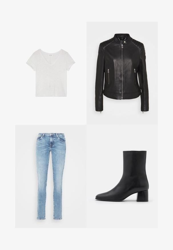 Belstaff MOLLISON JACKET - Kožená bunda - black; Biely skrátený tričko s výstrihom do V a krátkymi rukávmi, vyrobené z ľahkej, mierne textúrovanej látky. Minimálne štítky viditeľné pri golieri.; Svetlo modré džínsy s rovnými nohavicami, so zosvetlenými akcentmi, štýlom s piatimi vreckami a zapínaním na gombíky. Štandardný pás s pútkami na opasok.; Čierna kožená členková čižma s špicatou špičkou a masívnym štvorcovým podpätkom. Hladká textura s bezšvovým dizajnom a minimalistickým prešívaním.