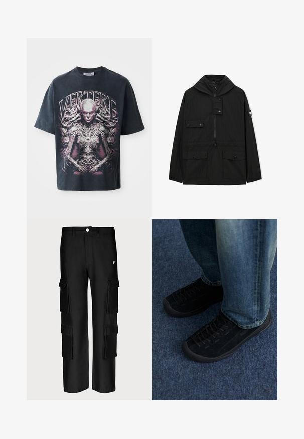 Chaqueta negra con capucha y cremallera frontal, tres bolsillos con solapa y botones, cintura ajustable con cordón, y detalle de parche en la manga izquierda.; Camiseta gráfica negra de algodón, con un gran diseño en rosa y blanco de una figura humanoide con detalles intrincados y el texto "VERTERE."; Pantalones cargo negros con un corte holgado, múltiples bolsillos laterales, cierre de botón y una textura de tela suave.; Zapatillas de ante negro con superficie texturizada, cordones sutiles y suelas de goma duraderas, combinadas con jeans de denim azul.
