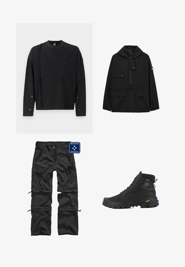 Schwarze Kapuzenjacke mit Frontreißverschluss, drei geknöpften Pattentaschen, verstellbarem Tunnelzug in der Taille und einem Aufnäher auf dem linken Ärmel.; Schwarzer Pullover mit langen Ärmeln und Rundhalsausschnitt, mit einem dezenten Logo auf der Vorderseite und Druckknopfdetails an den Ärmeln, aus weichem Stoff gefertigt.; Schwarze wasserabweisende Cargo-Hose mit Reißverschlusstaschen, verstellbaren Bündchen und einem strapazierfähigen Material. Mit einem Logo am Bund.; Schwarze hohe Stiefel mit strukturierten Oberflächen, ausgestattet mit einem wasserdichten Design, Schnürsystem und einer ausgeprägten Gummisohle mit Vibram-Branding.