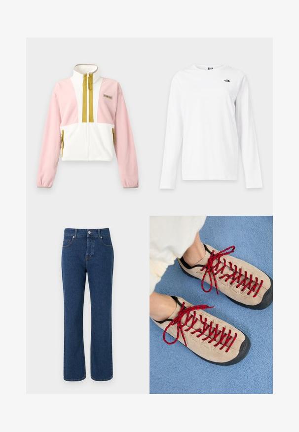Veste en polaire pour femme avec fermeture éclair complète à l'avant, col montant, manches roses, torse blanc, et finitions de fermeture éclair et poches jaune moutarde.; T-shirt blanc à manches longues avec col rond et petit logo noir The North Face sur le côté gauche de la poitrine.; Jean denim bleu à jambes droites avec cinq poches, passants pour ceinture, fermeture par bouton et détails de couture visibles.; Des chaussures beiges avec des lacets rouges, posées sur une surface bleue texturée, révèlent partiellement la cheville d'une personne. Les chaussures ont un design sportif.