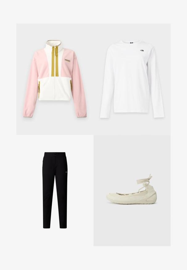 Damesfleecejack met volledige ritssluiting aan de voorkant, hoge kraag, roze mouwen, witte romp en okergele ritsaccenten en zakken.; Wit shirt met lange mouwen en ronde hals met klein zwart The North Face-logo op de linkerborst.; The North Face W QUEST SOFTSHELL PANTS - Broek - tnf black; Lichtbeige ballet flats met een ronde neus, vetersluiting bij de enkel, textuur op het oppervlak en een flexibele zool. Geschikt voor casual kleding.
