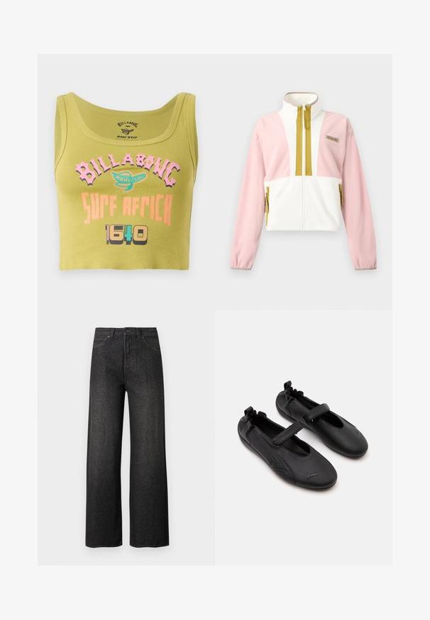 Chaqueta de forro polar para mujer con cremallera completa frontal, cuello alto, mangas rosas, torso blanco y detalles de cremallera y bolsillos en color amarillo mostaza.; Top corto verde con texto en rosa, naranja y multicolores que dice "Billabong Surf Africa 1640" y un pequeño logo en el centro del frente.; Vaqueros negros de pierna ancha y cintura alta, con bolsillos frontales, cierre de botones y trabillas para cinturón sobre un fondo claro y sencillo.; Par de zapatos estilo Mary Jane de cuero negro con parte trasera elástica y correa de velcro, con un sutil logo de Puma en cada punta.