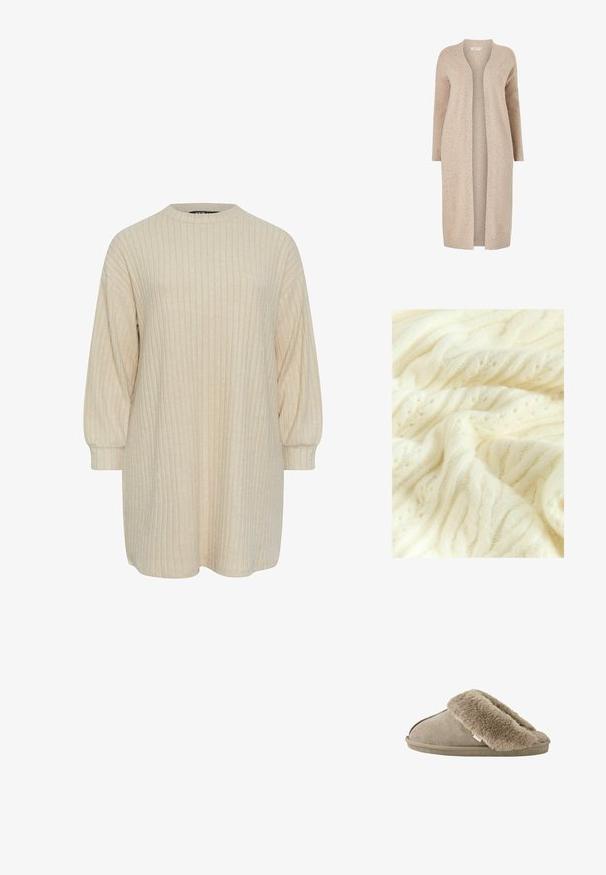 Couverture en tricot torsadé en laine douce crème, présentant des motifs texturés avec des tresses en relief et des détails concentriques subtils tout au long.; Cardigan long beige en mailles texturées. Design à l'avant ouvert avec des manches longues et sans fermetures. Style minimaliste.; Robe beige à côtes avec un col rond haut et de longues manches bouffantes. Texture douce, coupe au genou et discret motif vertical.; Chausson beige à enfiler avec une doublure douce et pelucheuse en fourrure autour de l'ouverture et une semelle extérieure effet daim.