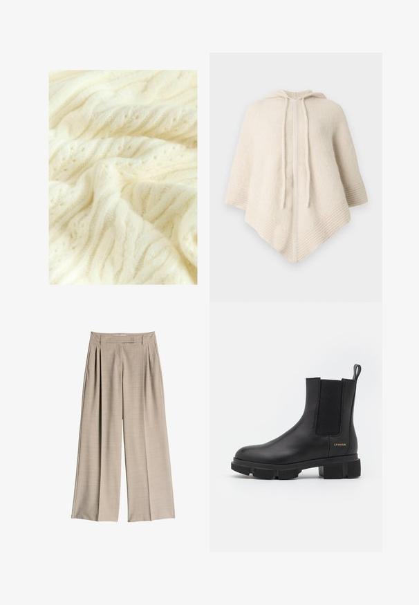 Kabelstrickdecke aus weicher Creme-Wolle, mit strukturierten Mustern, erhöhten Zöpfen und subtilen konzentrischen Details.; Cremefarbener Poncho mit Kapuze aus weichem Stoff. Verfügt über gerippte Ränder und eine Frontöffnung mit Kordelzug.; Beige Hose mit weitem Bein, vorderen Falten und hohem Bund, entworfen für eine lockere und bequeme Passform.; Schwarze Leder-Ankle-Boots mit elastischen Seitenpaneelen und einer robusten, profilierten Sohle. Mit einer Zuglasche und goldenen Markendetails. Matte Oberfläche.