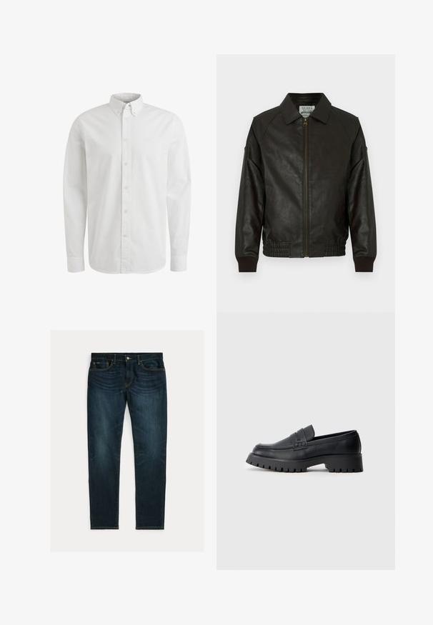 Veste en cuir marron foncé avec fermeture éclair à l'avant, poignets et ourlet côtelés, col classique et poches latérales, présentée sur fond blanc.; Chemise blanche à manches longues avec un col boutonné et un logo brodé subtil sur la poitrine gauche.; Jean slim bleu foncé avec légère décoloration et design à cinq poches, posé à plat sur un fond blanc.; Mocassins en cuir noir avec un bout arrondi, présentant une sangle décorative et une semelle en caoutchouc épaisse avec de profonds crampons pour une meilleure adhérence.
