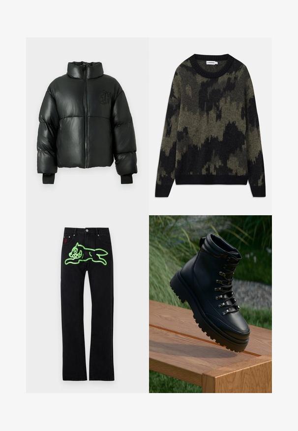 Schwarze Steppjacke mit glänzendem Finish, hohem Kragen, Reißverschluss vorne und gerippten Bündchen. Mit gesteppte horizontale Paneele und einem Logodetail.; Strickpullover mit einem schwarz-olivgrünen Camouflage-Muster. Klassischer Rundhalsausschnitt, gerippter Ausschnitt und Bündchen, mittlere Textur.; Schwarze Jeans mit geradem Schnitt, auf der Rückseite mit einer großen grünen Grafik einer laufenden Cartoon-Katze verziert. Mit silbernen Hardware-Details.; Schwarze Leder-Stiefeletten mit runder Zehenform, ausgeprägter strukturiertem Gummisohle und metallischen Ösen. Verfügt über einen gepolsterten Schaft und robuste Schnürsenkel.