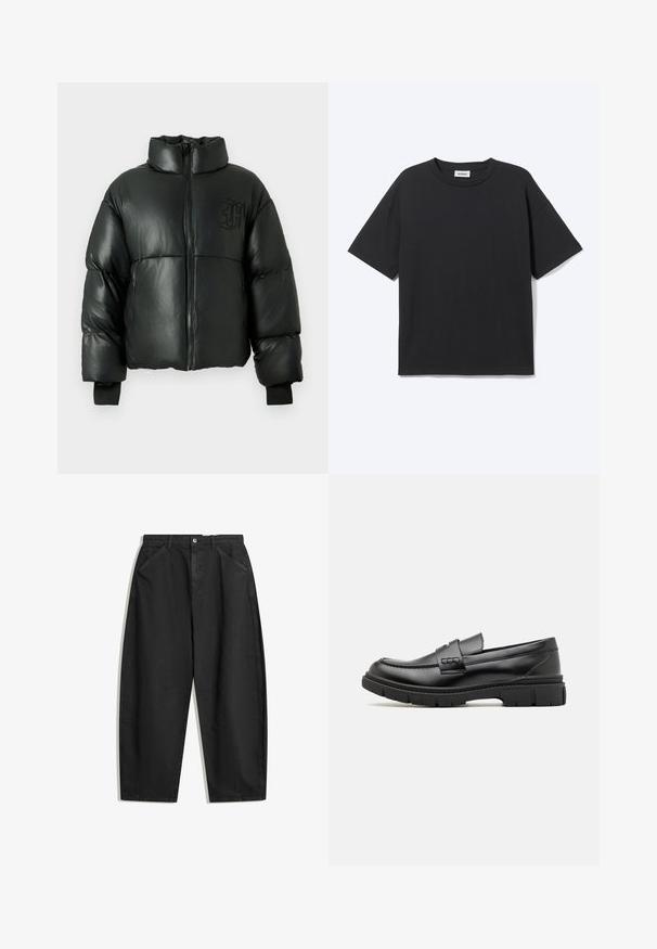 Sort dunjakke med glinsende finish, høj hals, lynlås foran og ribbede manchetter. Har syede vandrette paneler og en logodetalje.; Sort T-shirt med korte ærmer og rund hals med afslappet pasform, forfra, ensfarvet design og synligt Weekday-mærke inde i kraven.; Sorte bukser med vid ben lavet af bomuld, med høj talje, forlommer og subtile syninger. Glat tekstur uden mønstre.; Sort læder loafersko med en bred rem over forfoden, gummisål med tykke mønstre og glat overflade. Klassisk, slankt design.