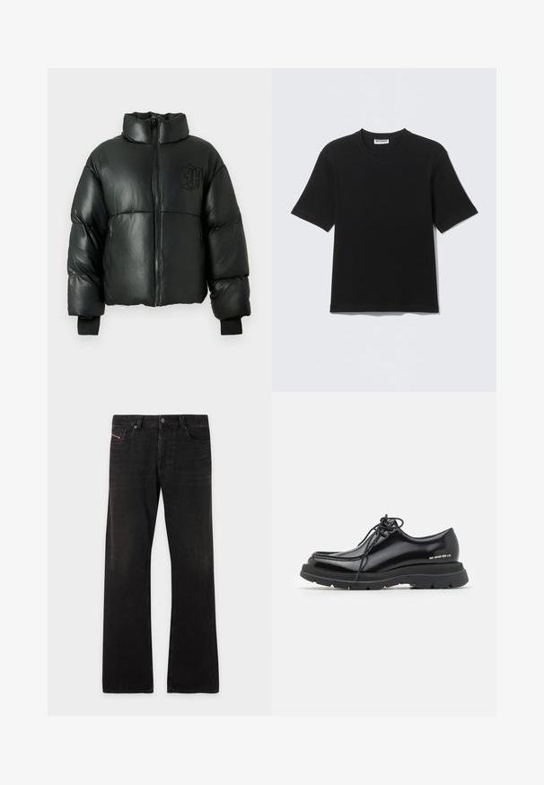 Sort dunjakke med glinsende finish, høj hals, lynlås foran og ribbede manchetter. Har syede vandrette paneler og en logodetalje.; Sort kortærmet T-shirt med rund hals og "WEEKDAY" mærke på indersiden af kraven, vist fladt på en lys baggrund.; Sorte denim jeans med lige ben, fem lommer og knappelukning, der viser let falming på lårene og knæene.; Sorte læder dressko med rund tå, tyk gummisål, snørebåndsdesign og markant syning langs kanten.