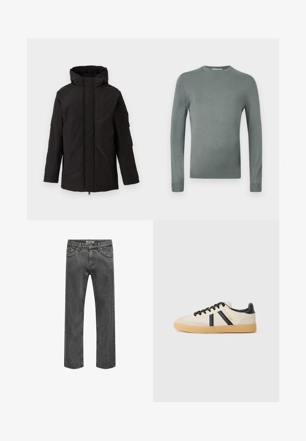 Veste d'hiver noire isolante avec capuche, fermeture éclair avant recouverte par un rabat et manches longues, présentée sur fond clair uni.; Pull-over long vert clair en tricot doux. Doté d'un col rond et de manches ajustées avec des poignets côtelés. Design uni.; Jean droit pour homme en denim gris foncé avec fermeture avant à bouton et zip, passants de ceinture et design classique à cinq poches.; Baskets décontractées en crème avec des rayures noires, présentant un dessus texturé et une semelle en caoutchouc. Les lacets sont noirs. Logo discret sur le côté.