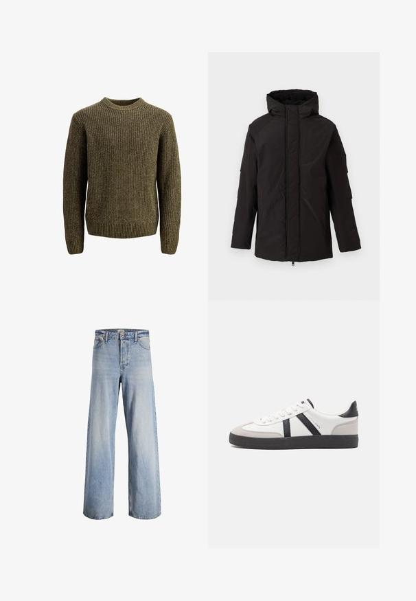 Veste d'hiver noire isolante avec capuche, fermeture éclair avant recouverte par un rabat et manches longues, présentée sur fond clair uni.; Pull en maille de couleur vert olive. Texture côtelée, col rond et manches longues. Design simple avec une coupe régulière.; Jeans large taille haute bleu clair avec fermeture à bouton et zip à l'avant, cinq poches, et détails décolorés sur le tissu.; Baskets blanches avec des accents noirs et gris, présentant un embout texturé gris, une semelle en caoutchouc noir et des lacets plats blancs. Design épuré, style minimaliste.