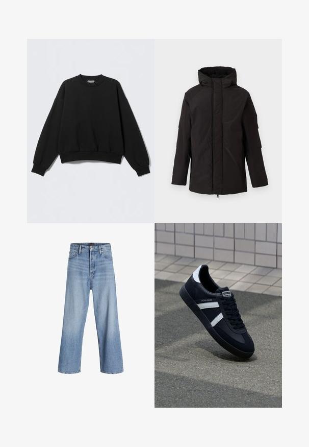 Veste d'hiver noire isolante avec capuche, fermeture éclair avant recouverte par un rabat et manches longues, présentée sur fond clair uni.; Sweat-shirt noir à coupe décontractée, col rond et manches longues légèrement bouffantes. Confectionné dans un tissu doux avec des poignets et un ourlet côtelés.; Jean en denim bleu clair, taille haute, à jambes larges, avec une fermeture à boutons, un design à cinq poches et une légère décoloration. Finitions au bas net.; Sneaker en cuir noir avec des rayures blanches, semelle en caoutchouc texturée et devant à lacets. Présente une étiquette de marque sur la languette.