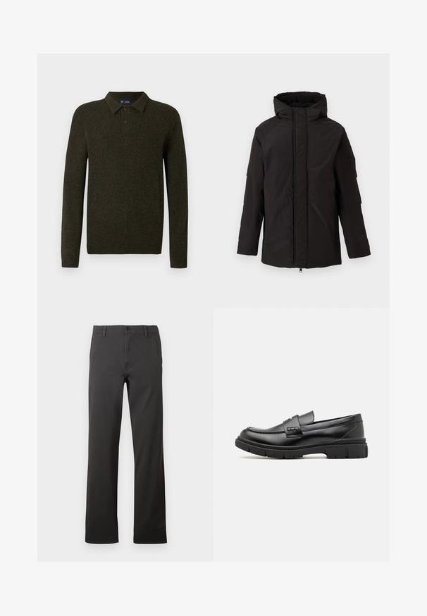 Sort isoleret vinterjakke med hætte, foran lynlås dækket af klap og lange ærmer, vist på ensartet lys baggrund.; Grøn langærmet polo sweater med struktureret finish, to knaplukninger og ribstrikkede manchetter. Enkel, klassisk design der er velegnet til afslappet brug.; Mørkegrå bomuldsbukser med lige ben-design. Har knaplukning og bæltestropper. Glat tekstur og minimal detaljering.; Sort læder loafersko med en bred rem over forfoden, gummisål med tykke mønstre og glat overflade. Klassisk, slankt design.