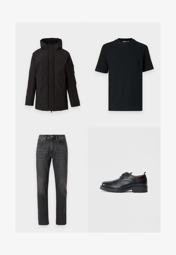 Veste d'hiver noire isolante avec capuche, fermeture éclair avant recouverte par un rabat et manches longues, présentée sur fond clair uni.; T-shirt noir à manches courtes en maille côtelée avec col rond et une petite étiquette visible à l'intérieur du col.; Jean en denim noir avec une coupe droite, dotés de poches avant, d'une fermeture à bouton et d'un léger délavage sur le tissu.; Chaussures derby en cuir noir avec une texture lisse, bout rond, design à lacets et une semelle en caoutchouc épaisse et robuste.