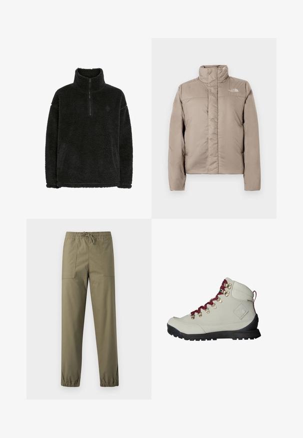 Puffermantel in einem hellen Beige mit hohem Kragen, gestepptem Design und Logo auf der oberen linken Brust. Glatte Textur und Reißverschluss vorne.; Schwarzer Fleece-Pullover mit einem Reißverschlusskragen, weicher, strukturierter Oberfläche und bequemer Passform. Verfügt über eine Naht entlang des Saums und der Bündchen.; Olivgrüne Hose aus glattem Stoff mit elastischem Bund, verstellbarem Kordelzug und elastischen Bündchen an den Knöcheln.; Beige Wanderschuh mit roten Schnürsenkeln, Metallösen und strukturiertem Obermaterial. Besitzt eine robuste schwarze Sohle und ein auffälliges Logo-Detail an der Seite.