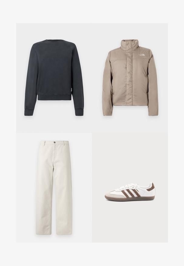 Puffermantel in einem hellen Beige mit hohem Kragen, gestepptem Design und Logo auf der oberen linken Brust. Glatte Textur und Reißverschluss vorne.; Dunkelgrauer Kapuzenpullover mit Rundhalsausschnitt, Raglanärmeln und gerippten Bündchen und Saum. Glatte Textur ohne sichtbare Muster oder Akzente.; Beige weite Hose mit dezenten vertikalen Nadelstreifen, Gürtelschlaufen, Knopfverschluss und Vordertaschen.; Weißer Adidas Samba Sneaker mit braunen Wildlederstreifen, brauner Gummisohle und beiger Wildlederkappe, von der Außenseite auf schlichtem Hintergrund gezeigt.