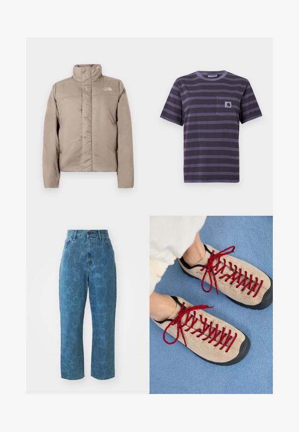 Bunda typu puffer v svetlo béžovej farbe s vysokým golierom, prešívaným dizajnom a logom na hornej ľavej časti hrude. Hladký povrch a predné zapínanie na zips.; Fialové pruhované tričko s vreckom na ľavej hrudi, s horizontálnymi čiernymi pruhmi. Mäkká tkanina, krátke rukávy, okrúhly výstrih.; Svetlomodré denim nohavice s jemnou vzorovanou textúrou, vysokým pásom a rovný strih. Obsahujú predné zapínanie na gombík a zips.; Béžové topánky s červenými šnúrkami sú položené na modrej textúrovanej ploche, pričom čiastočne odhaľujú členok osoby. Topánky majú športový dizajn.