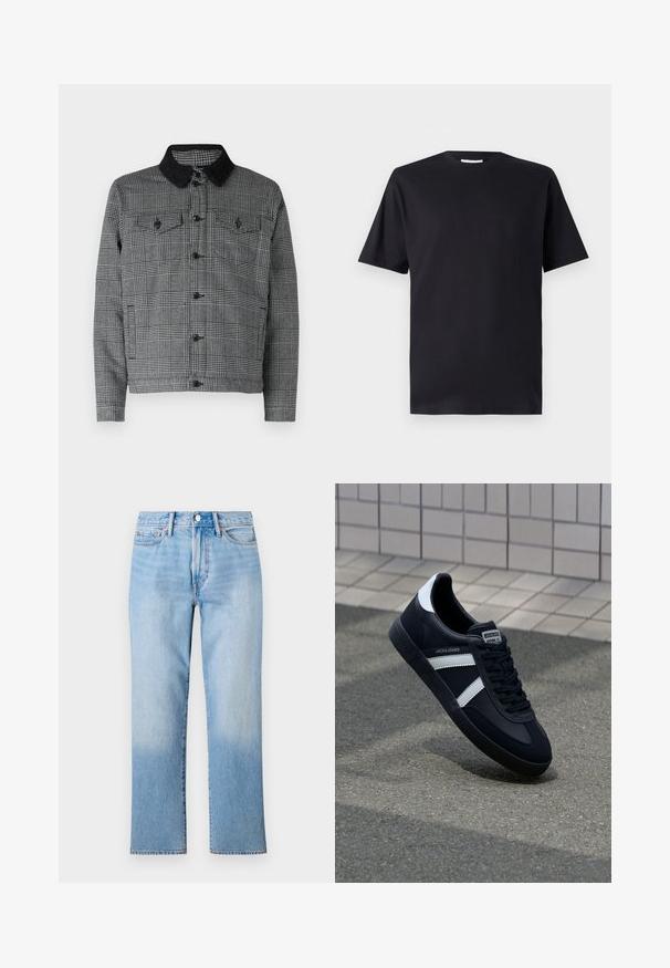 Sort og grå plaidjakke med en sort sherpa-krave, frontknaplukning og to brystlommer med flap. Materialet er en bomuldsblanding.; Sort kortærmet t-shirt i bomuld med rund halsudskæring og klassisk snit, uden mønstre eller synlig branding.; Lys blå denim jeans med lige ben-design, der har en falmet vask, standard fem-lomme styling og en klassisk knaplukning.; Sort lædersneaker med hvide striber, tekstureret gummisål og snørrebånd foran. Har et brandet mærke på tungen.