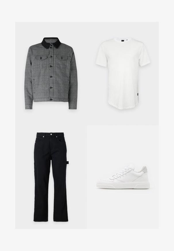 Sort og grå plaidjakke med en sort sherpa-krave, frontknaplukning og to brystlommer med flap. Materialet er en bomuldsblanding.; Hvid kortærmet t-shirt lavet af bomuld, med rund halsudskæring og en let forlænget ryg, samt en lille logoaccent på siden.; Sorte denimbukser med lige ben, frontlommer og baglomme med flap. Har sølvhardware og sideløkker for funktionalitet.; Hvide lædersneakers med en glat finish, rund tå, flade snørebånd og en struktureret sål. Grå ruskindsdetalje ved hælen.
