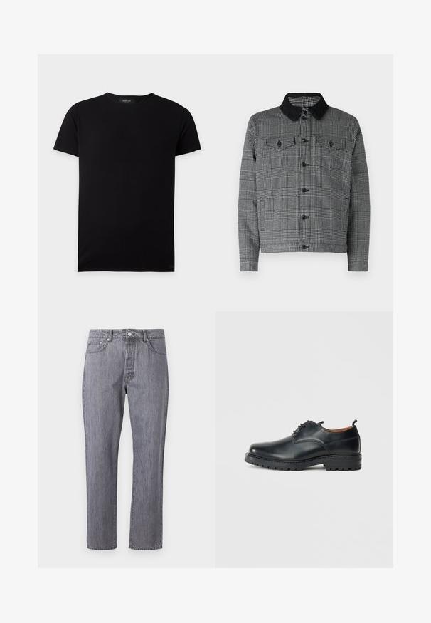 Veste à carreaux noire et grise avec un col en sherpa noir, fermeture à boutons sur le devant et deux poches poitrine avec rabat. Matériau en mélange de coton.; T-shirt noir uni à manches courtes et col rond, posé à plat, avec une petite étiquette de la marque Replay à l'intérieur du col.; Jean en denim gris avec un design à jambe droite, cinq poches, une fermeture à bouton et un effet de frottement subtil sur la texture du tissu.; Chaussures derby en cuir noir avec une texture lisse, bout rond, design à lacets et une semelle en caoutchouc épaisse et robuste.