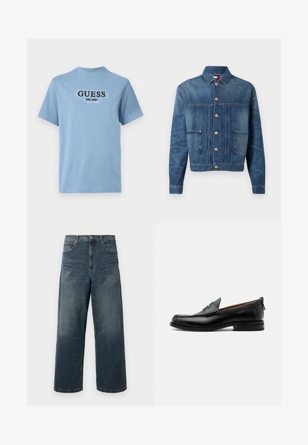 Chaqueta de mezclilla en azul oscuro, con cierre de botones en el frente, dos bolsillos en el pecho y un ligero desgastado. Corte recto con un cuello clásico.; Camiseta de algodón azul claro con cuello redondo y mangas cortas, con un logo impreso de "GUESS EST. 1981" en la parte frontal en blanco y negro.; Jeans de denim de pierna ancha en azul oscuro, con un lavado desvanecido, diseño de cinco bolsillos y costuras resistentes. Cierre de botón en la cintura.; Mocasín de hombre de piel negra con costura moc toe, tira penny, cuello texturizado y tacón bajo apilado sobre fondo blanco.