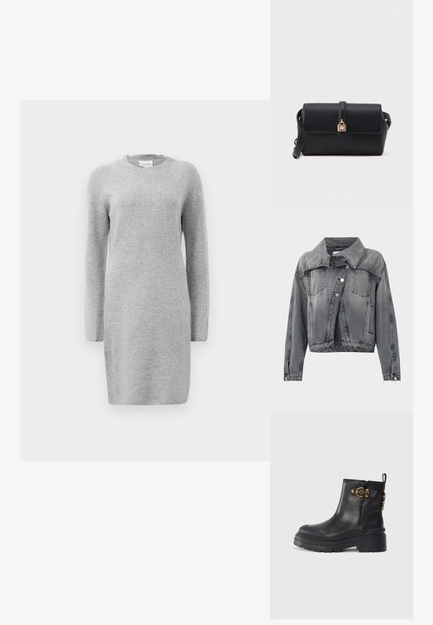 Verwaschene schwarze Jeansjacke mit Knopfleiste vorne, zwei Brusttaschen, Seitentaschen, langen Ärmeln und einem breiten Kragen.; Graues rippenstrickkleid mit langen Ärmeln, rundem Ausschnitt und Seitenschlitzen. Der Stoff hat eine weiche Textur mit einem gleichmäßigen vertikalen Muster.; Schwarze Lederankelstiefel mit abgerundeter Zehenpartie und robuster Gummisohle. Mit goldenen Hardware-Akzenten und einer Zuglasche. Glatte Textur.; Schwarze rechteckige Leder-Crossbody-Tasche mit einem Riemen und einem goldenen Schlossdetail auf der Vorderklappe.