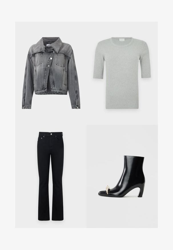 Veste en denim noir délavé avec fermeture à boutons, deux poches poitrine, poches latérales, manches longues et large col.; T-shirt gris à manches courtes côtelées avec un col rond. Confectionné dans un tissu doux à la texture lisse, avec un branding minimal sur le côté.; Jean évasé en denim noir avec une coupe classique à cinq poches, doté d'une fermeture à bouton frontale et de détails de couture subtils.; Bottine noire en cuir brillant, avec un bout pointu et un accent décoratif en or et argent à l'avant. Design à talon carré.
