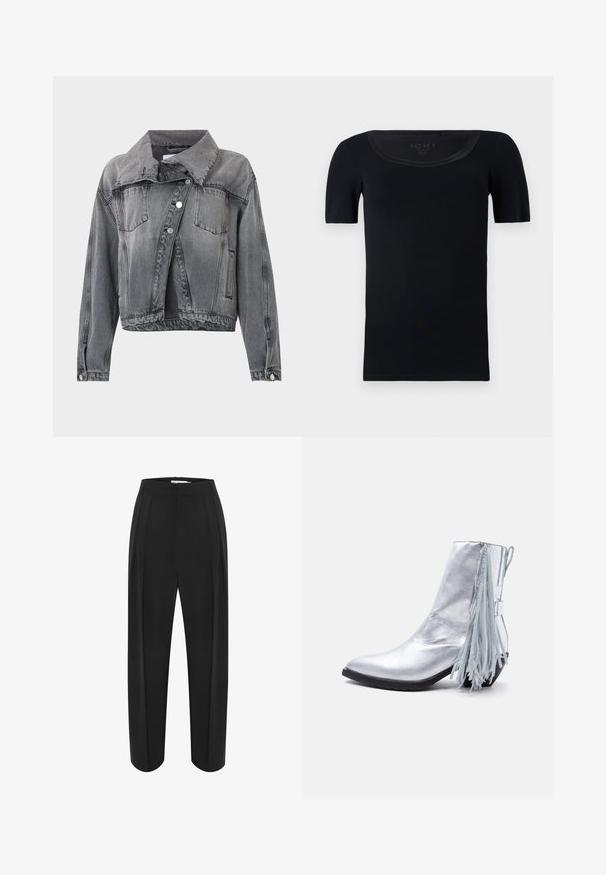 Verwaschene schwarze Jeansjacke mit Knopfleiste vorne, zwei Brusttaschen, Seitentaschen, langen Ärmeln und einem breiten Kragen.; Schwarzes Kurzarm-T-Shirt aus weicher Baumwolle. Verfügt über einen weit geschnittenen Ausschnitt und eine taillierte Passform mit glatter Textur und ohne sichtbare Muster.; Schwarze weit geschnittene Hose mit hoher Taille, aus einem glatten Material und mit zwei vorderen Falten. Entworfen in einem klaren, maßgeschneiderten Schnitt.; Glänzender silberner Stiefelette mit niedrigem Absatz und langen Fransen, die von der Rückseite herabhängen.