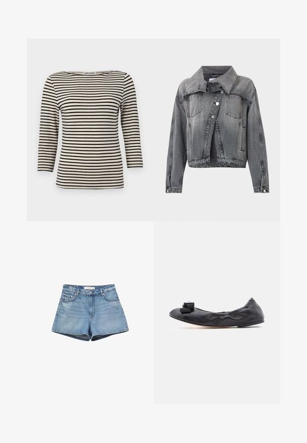 Falmet sort denimjakke med knapper foran, to brystlommer, sidelommer, lange ærmer og en bred krave.; Sort og creme stribet langærmet top med bådudskæring. Stoffet har en glat tekstur og ensartet mønster. Casual design med en afslappet pasform.; Blå denimshorts med forreste knap, lynlås, fem lommer og synlige sømme på en hvid baggrund.; Sort læderballetsko med rynket overdel, rundet tå og dekorativ flæse sløjfe på tæerne. Flad sål.