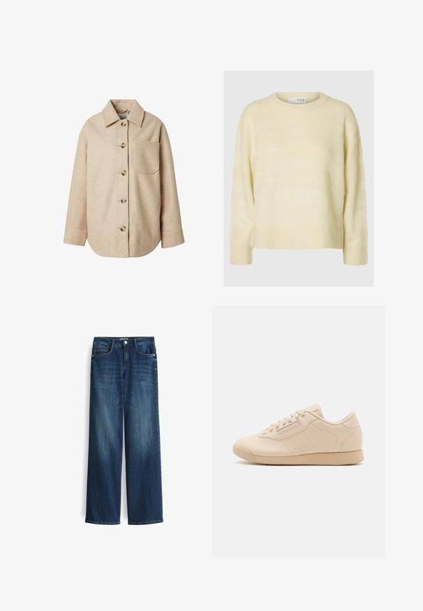 Beige wolmix shirtjack met een kraag, knopen aan de voorkant, lange mouwen en een enkele borstzak. Zachte textuur en een relaxte pasvorm.; Lichtbeige gebreide trui met een ronde halslijn, lange mouwen en een zachte, gestructureerde afwerking met subtiele horizontale strepen.; Wijduitlopende donkerblauwe denim jeans met een lichte vervaging, voorzien van vijf zakken en een metalen knoopsluiting bij de taille.; Beige leren sneakers met een ronde neus, een platte rubberen zool, zes vetergaatjes en subtiele perforaties aan de zijkanten. Eenvoudig, gestroomlijnd ontwerp.