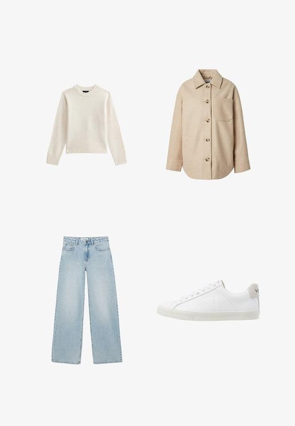 Veste chemise en mélange de laine beige avec un col, des boutons à l'avant, des manches longues et une poche poitrine simple. Texture douce et coupe décontractée.; Pull en tricot beige clair avec un col rond côtelé et un ourlet, doté de manches longues et d'une silhouette décontractée. Texture douce et design minimal.; Jean large bleu clair avec poches avant et arrière, fermeture par bouton et fermoir éclair, et délicates ornements en strass.; Baskets en cuir blanc avec une semelle en caoutchouc texturée et blanc cassé. Les caractéristiques incluent des lacets, des coutures discrètes et un accent en daim gris au niveau du talon.