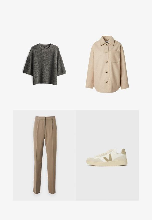 Beige wolmix shirtjack met een kraag, knopen aan de voorkant, lange mouwen en een enkele borstzak. Zachte textuur en een relaxte pasvorm.; Grijs gebreid sweater met korte mouwen en een ronde halslijn, met een losse pasvorm. Het heeft een gestructureerde stof en ribbelpatronen op de manchetten en de zoom.; Bruine op maat gemaakte broek van gladde stof, met een rechte pijp, plooien aan de voorkant en een tailleband met riemlussen.; Sneakers met een crème bovenwerk, beige suède accenten en een gestructureerde rubberen zool. Beschikt over een gedurfde 'V'-logo en vetersluiting.