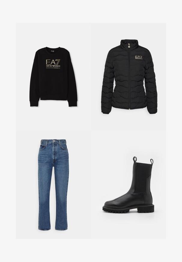Must musta jope, millel on tikandiga disain, kõrge krae, eesneede ja vasakul rinnal diskreetne kuldne logo.; Mustmust, mille kulla metallik logo "EA7 Emporio Armani" esiküljel, ribitud varrukate ja servaga.; Sinine kõrgema vöökohaga denimist teksapaar, sirge sääre disainiga, viie taskuga ja metallist nööbiga.; AllSaints HALLIE - Platvormtallaga poolsaapad - black