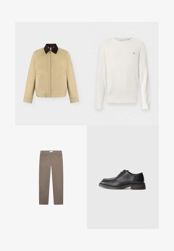Beige jakke med lynlås, mørkebrun krave, to forlommer, lange ærmer og elastisk kant, vist på en ensfarvet hvid baggrund.; Hvid tekstureret strikket crewneck-trøje med lange ærmer og lille broderet logo på venstre bryst.; Brune bukser med lige snit, der har forlommer og accentuerende syninger langs siderne for ekstra detaljer og tekstur.; Sorte lædersko med glat tekstur, rund tå og lav, præget syning. Tykk gummisål med let hæl og skridsikker mønster.