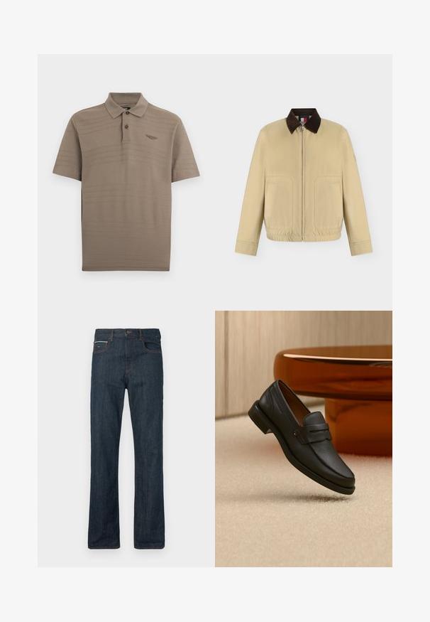 Veste beige avec fermeture éclair, col marron foncé, deux poches avant, manches longues et ourlet élastique, présentée sur un fond blanc uni.; Polo marron à manches courtes avec de fines rayures horizontales, deux boutons et un petit logo d'aile brodé sur la poitrine gauche.; Jean en denim foncé avec un design de jambe droite, coutures orange, cinq poches et une braguette à boutons. Le matériau est épais et texturé, typique du denim.; Mocassin homme en cuir noir avec une bande sur le dessus, présenté sur un tapis beige près d'une table ronde moderne marron.