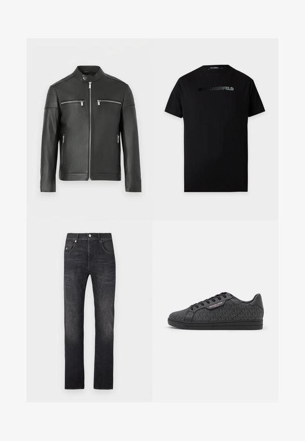 Veste en cuir noir avec col montant, deux poches poitrine zippées et accents aux épaules avec détails matelassés. Texture lisse.; T-shirt noir à manches courtes avec le texte "KARL LAGERFELD" imprimé sur la poitrine avec une finition brillante subtile.; Jean en denim gris foncé à coupe droite, avec cinq poches, une fermeture par bouton et des détails d'effilochage subtils le long des jambes.; Baskets noires dotées d'un dessus en tissu texturé avec un motif MK subtil, des accents en cuir noir et une semelle en caoutchouc noire.