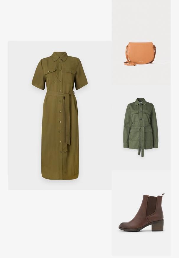 Olijfgroene jas van katoen, met een knoopsluiting aan de voorkant, twee borstzakken, een ceintuur in de taille, en een kraag, met lange mouwen.; Khaki shirtjurk, korte mouwen, knopen aan de voorkant, twee borstzakken, ceintuurlijn, middellange lengte, gladde stoftextuur.; Bruine leren enkellaars met een gladde afwerking, elastische zijpanelen, een ronde neus en een gematigde houten hak.; Tan leren schoudertas met een gebogen silhouet, gouden merklogo en verstelbare riem. Zachte textuur, minimalistisch ontwerp.