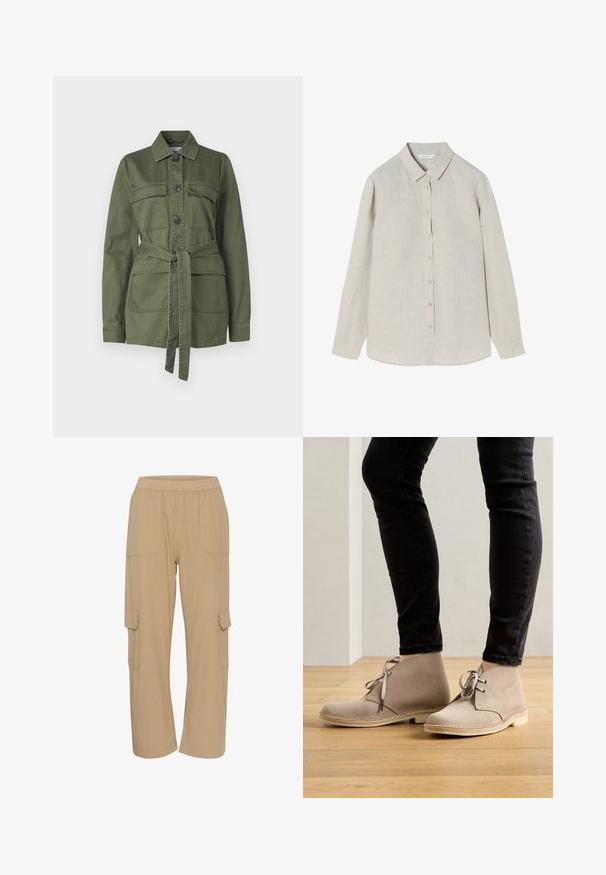 Olivenfarvet jakke lavet af bomuld, med knaplukning foran, to brystlommer, bælte i taljen og krave, samt lange ærmer.; Beige langærmet skjorte med knapper og klassisk krave, med subtil tekstur, afrundet kant og lyse knapper.; Beige cargo bukser med elastisk talje, sidelommer og en afslappet pasform. Fremstillet af letvægts, tekstureret stof.; Beige ruskind ankelstøvler med en rund tå, snørebåndsdesign og kontrasterende syninger, båret med sorte tætsiddende bukser på et trægulv.